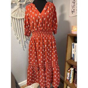 Anthropologie  Boho Midi Dress With Elastic Waist & Button Detail Patterned Medi